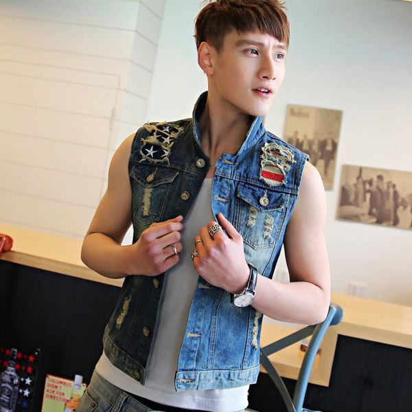 korean version slim denim vest men's cowboy hole casual male clothing ripped bleached star embroidery pockets fashion vests, Black;white
korean version slim denim vest men's cowboy hole casual male clothing ripped bleached star embroidery pockets fashion vests, Black;white