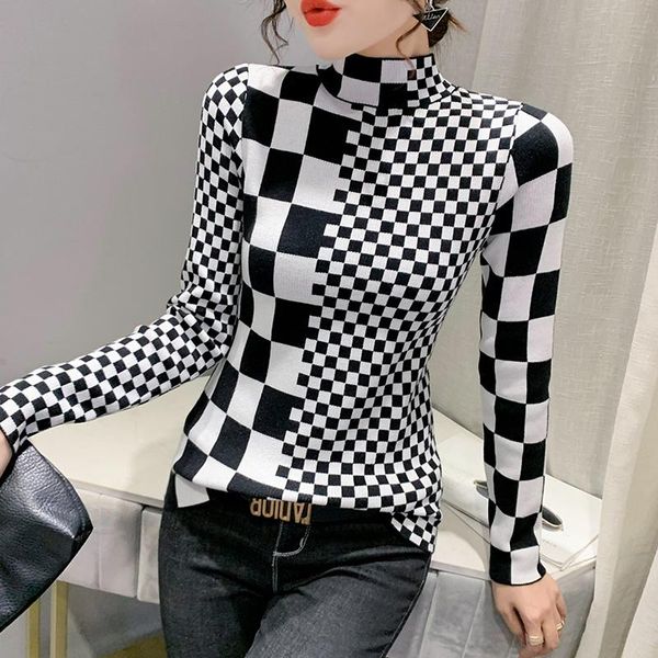 women's sweaters #6598 plaid sweater women half high collar basic knitted female pullovers korean fashion slim autumn 2021, White;black
women's sweaters #6598 plaid sweater women half high collar basic knitted female pullovers korean fashion slim autumn 2021, White;black