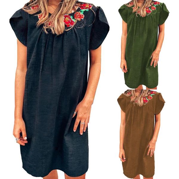 women's swimwear 2021 summer round neck short sleeve embroidered flower dress women, White;black
women's swimwear 2021 summer round neck short sleeve embroidered flower dress women, White;black