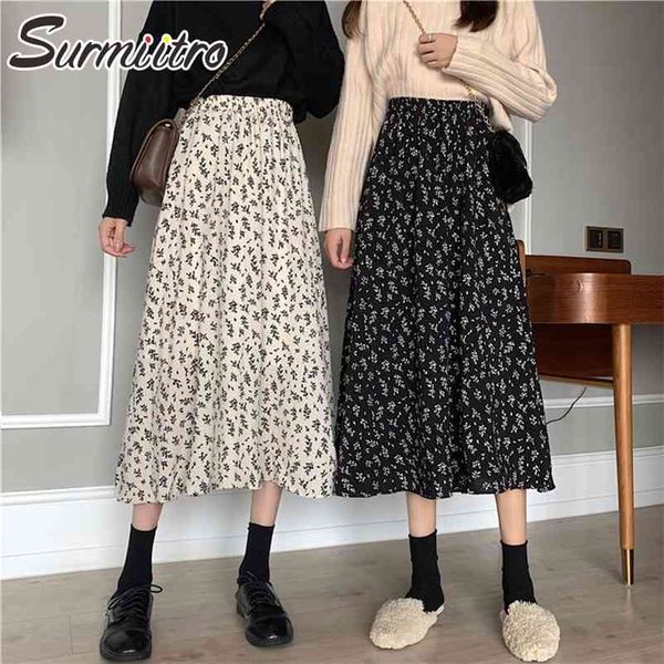 spring summer women korean style white black floral print high waist sun school midi long female skirt 210421
spring summer women korean style white black floral print high waist sun school midi long female skirt 210421