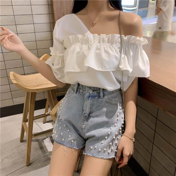 women's blouses & shirts women blouse off-shoulder flared sleeve ruffled chiffon shirt loose and sweet young lady summer dating kor, White
women's blouses & shirts women blouse off-shoulder flared sleeve ruffled chiffon shirt loose and sweet young lady summer dating kor, White