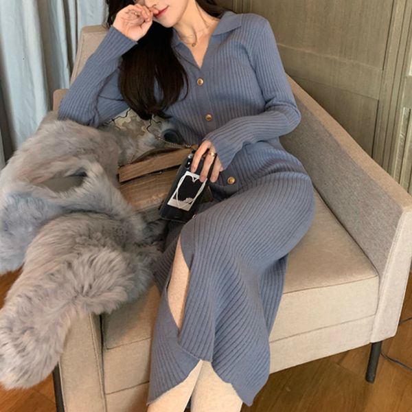 dresses knitted one-piece women casual long sleeve elegant slim office sweater dress winter personality female button korean, Black;gray 
dresses knitted one-piece women casual long sleeve elegant slim office sweater dress winter personality female button korean, Black;gray