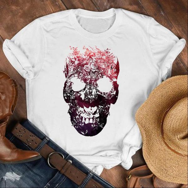 women lady skull t shirt horror short sleeve printed fashion clothes womens female print tee, White 
women lady skull t shirt horror short sleeve printed fashion clothes womens female print tee, White