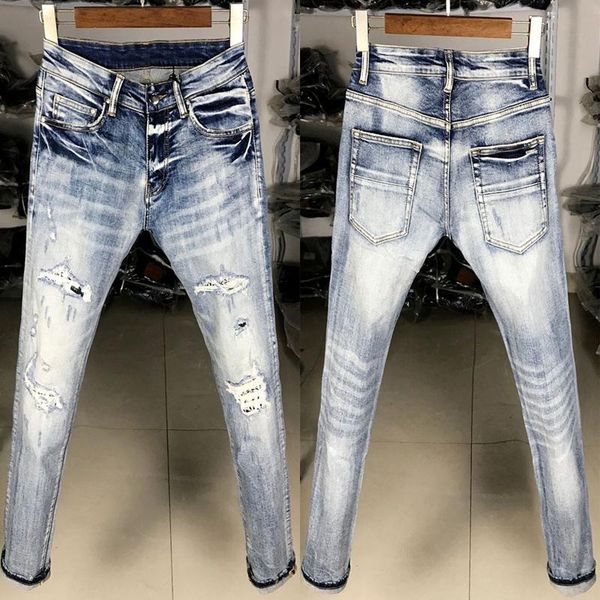 men's jeans street style fashion men retro light blue elastic slim fit ripped patches designer hip hop denim punk pants
men's jeans street style fashion men retro light blue elastic slim fit ripped patches designer hip hop denim punk pants