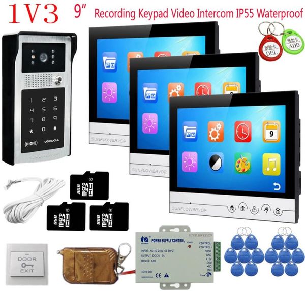 recording video call with monitor 9" color 3 units rfid keyboard camera door intercom+remote control doorbell intercom system phones
recording video call with monitor 9" color 3 units rfid keyboard camera door intercom+remote control doorbell intercom system phones
