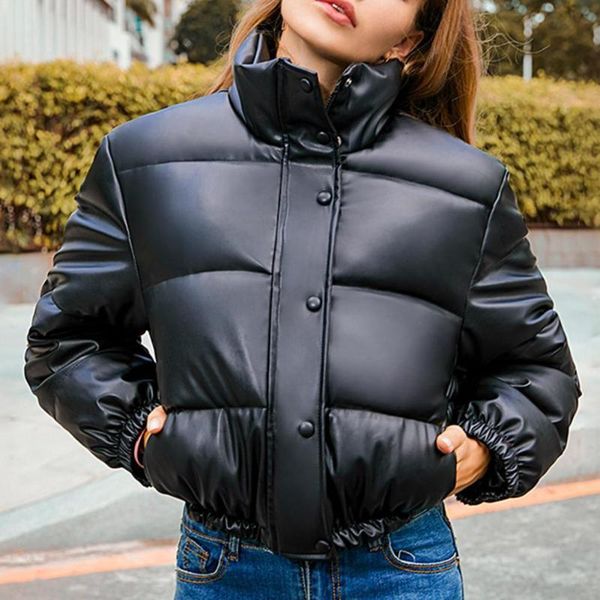 women's leather & faux women warm solid color stand collar thick jacket cotton long sleeve for office, Black
women's leather & faux women warm solid color stand collar thick jacket cotton long sleeve for office, Black