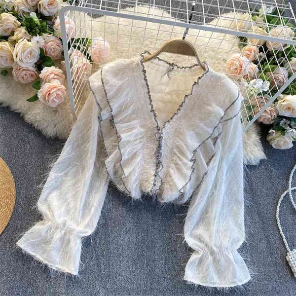spring autumn temperament fashion women sweet v-neck ruffled puff sleeves loose all-match furry shirt uk813 210506, White
spring autumn temperament fashion women sweet v-neck ruffled puff sleeves loose all-match furry shirt uk813 210506, White