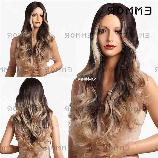 women's wind gradient brown wig high temperature pick dyeing medium long roll golden silk head cover wigs, Black
women's wind gradient brown wig high temperature pick dyeing medium long roll golden silk head cover wigs, Black