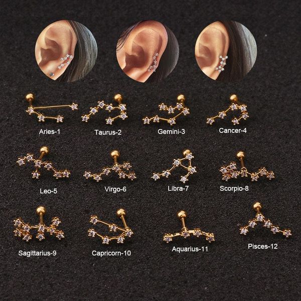 1pcs gold zodiac earrings twelve constellation earring stainless steel cz stud jewelry for women 2021 trend accessories, Golden;silver
1pcs gold zodiac earrings twelve constellation earring stainless steel cz stud jewelry for women 2021 trend accessories, Golden;silver