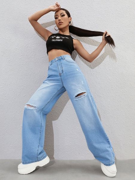high waist ripped wide leg jeans l0i9#, Blue