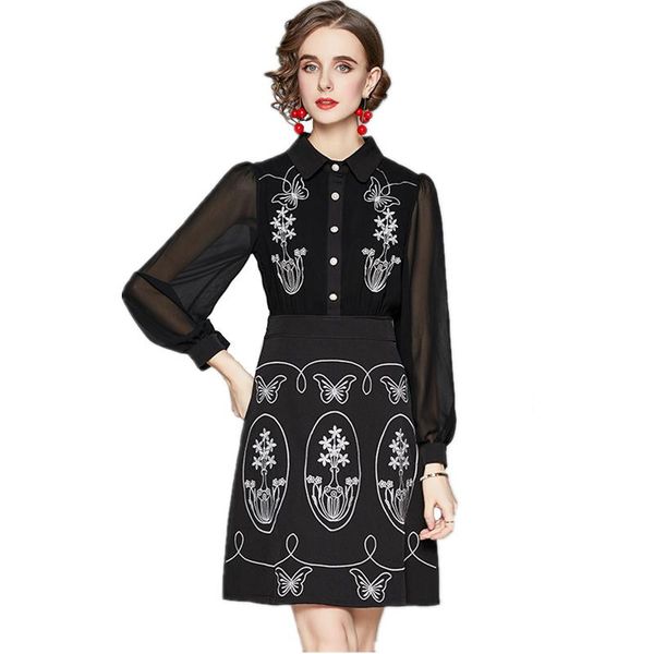 spring autumn women elegant slim black mini dress retro embroidery chiffon patchwork runway casual dresses, Black;gray
spring autumn women elegant slim black mini dress retro embroidery chiffon patchwork runway casual dresses, Black;gray