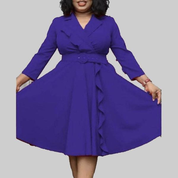 casual dresses autumn 2021 african fashion commute temperament high waist solid color v-neck ruffle long sleeve women's dress, Black;gray 
casual dresses autumn 2021 african fashion commute temperament high waist solid color v-neck ruffle long sleeve women's dress, Black;gray