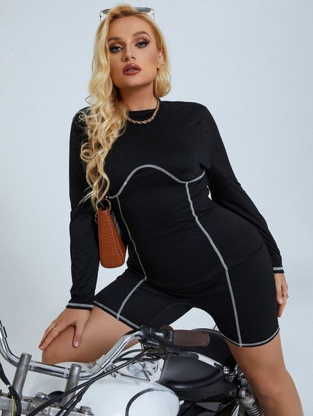 plus stitching mock neck tee romper a1ck#, Black 
plus stitching mock neck tee romper a1ck#, Black