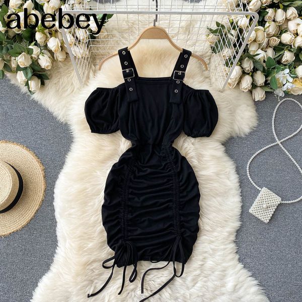 women off shoulder strap dress design korean puff sleeve slim party es summer drawstring ruched mini 210512, Black;gray
women off shoulder strap dress design korean puff sleeve slim party es summer drawstring ruched mini 210512, Black;gray