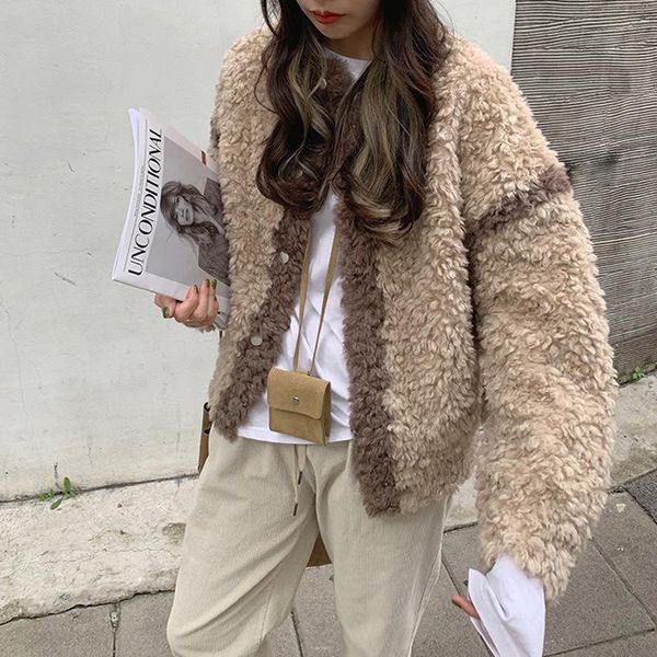 women's fur & faux khaki casual short plush coat colorblock college wind wool young women shaggy jacket teddy, Black
women's fur & faux khaki casual short plush coat colorblock college wind wool young women shaggy jacket teddy, Black
