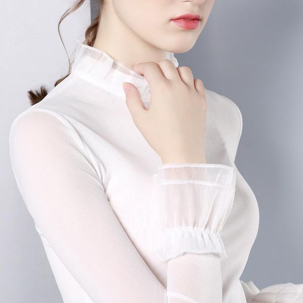 women's blouses & shirts long-sleeved high collar mesh bottom skirt female trumpet sleeves large size flounces slim shirt fake women, White
women's blouses & shirts long-sleeved high collar mesh bottom skirt female trumpet sleeves large size flounces slim shirt fake women, White