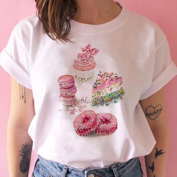 kawaii style delicious breakfast cake women t shirt donuts print streetwear female short sleeve tee, White 
kawaii style delicious breakfast cake women t shirt donuts print streetwear female short sleeve tee, White