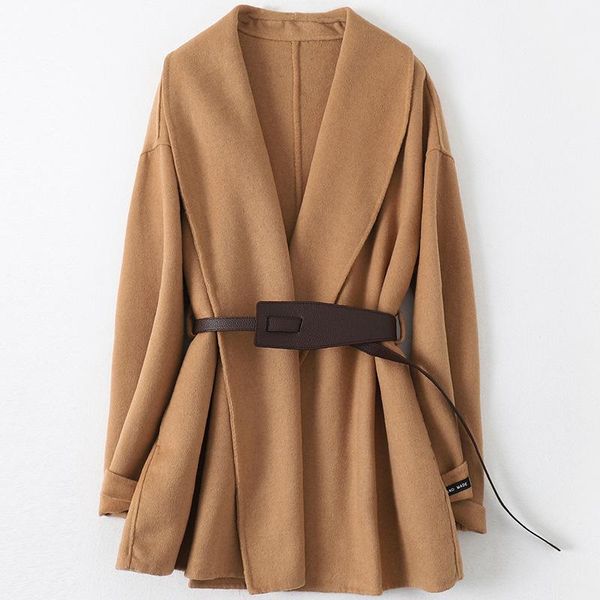 women's wool & blends bat sleeve double-sided tweed coat spring autumn fashion woolen jacket slim middle length with adjustable waist, Black
women's wool & blends bat sleeve double-sided tweed coat spring autumn fashion woolen jacket slim middle length with adjustable waist, Black