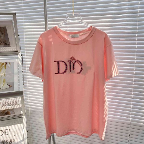 t shirt pin letter embroidery short sleeve pink for women 2021 summer round neck loose fashion brand casual half, White 
t shirt pin letter embroidery short sleeve pink for women 2021 summer round neck loose fashion brand casual half, White