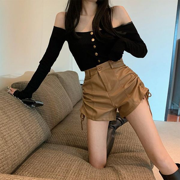 women's shorts 2021 summer drawstring pleated leather pants high waist casual wide leg the pu leather(available in one color), White;black
women's shorts 2021 summer drawstring pleated leather pants high waist casual wide leg the pu leather(available in one color), White;black