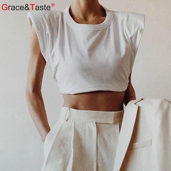 fashion summer autumn design temperament women t shirt casual round neck sleeveless short crop navel shoulder padded, White
fashion summer autumn design temperament women t shirt casual round neck sleeveless short crop navel shoulder padded, White