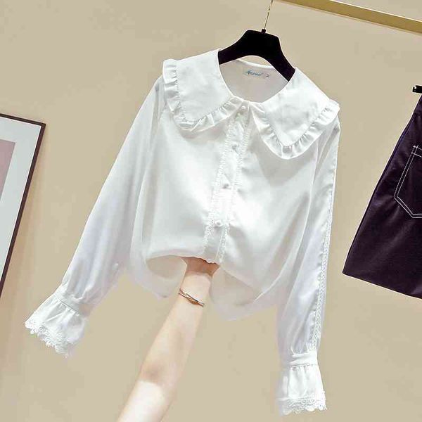 autumn women's doll collar flare long sleeves shirts students girls ladies shirt blouse a4081 210428, White 
autumn women's doll collar flare long sleeves shirts students girls ladies shirt blouse a4081 210428, White