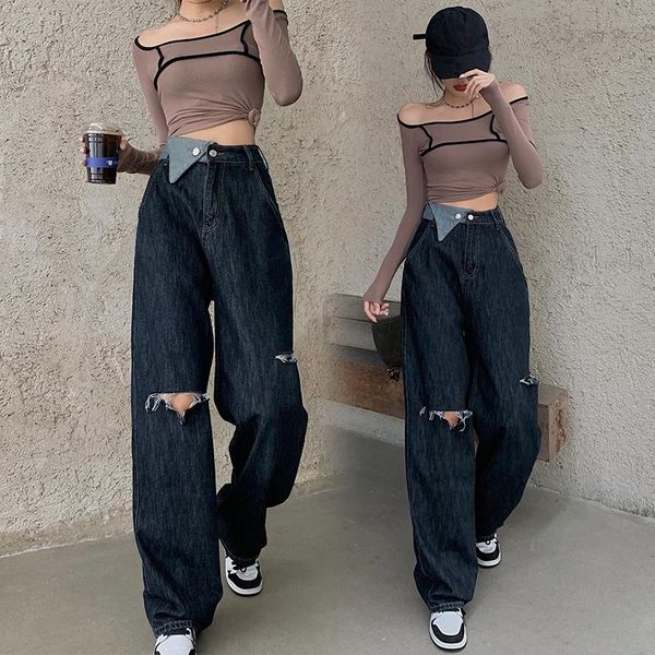 women's jeans straight for women 2021early autumn asymmetric high waist slimming loose wide leg ripped trousers, Blue
women's jeans straight for women 2021early autumn asymmetric high waist slimming loose wide leg ripped trousers, Blue