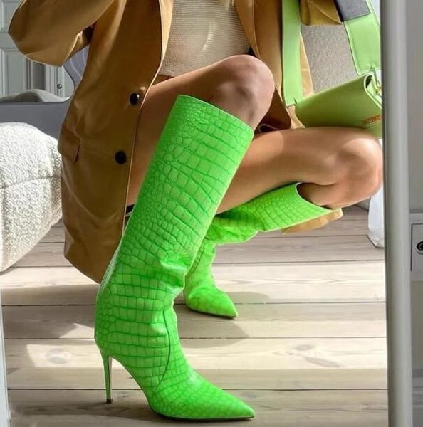 boots fluorescent green crocodile leather pointed toe thin heels knee high woman loose tube long botas shoes big size 48, Black
boots fluorescent green crocodile leather pointed toe thin heels knee high woman loose tube long botas shoes big size 48, Black