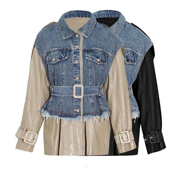 women's jackets women stylish pu leather patchwork denim jacket belted coat vintage fashion long sleeve frayed trim outerwear chic loos, Black;brown
women's jackets women stylish pu leather patchwork denim jacket belted coat vintage fashion long sleeve frayed trim outerwear chic loos, Black;brown