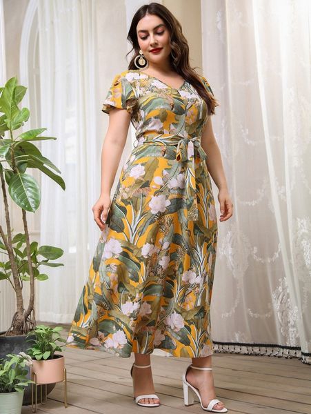 plus floral v neck belted dress r0z4#, Black