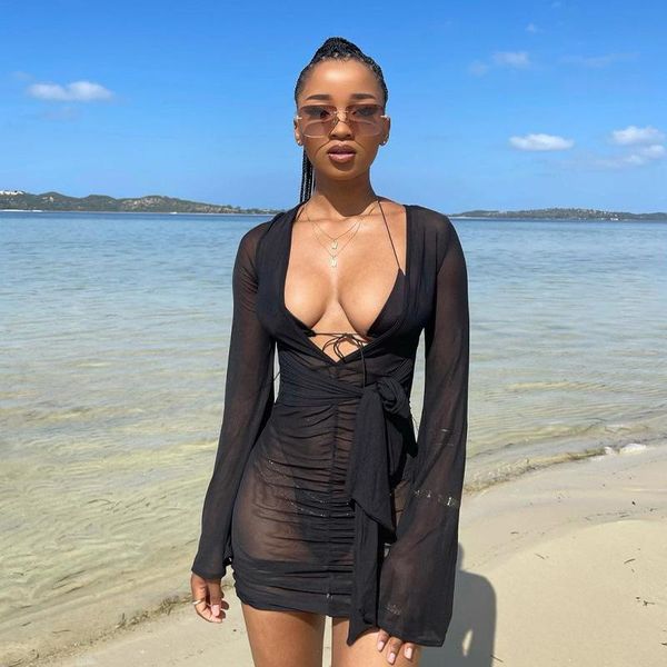 women's swimwear wsevypo women see-through mesh sheer dress vacation long flared sleeves deep v ruched beach tied front cover-ups, White;black 
women's swimwear wsevypo women see-through mesh sheer dress vacation long flared sleeves deep v ruched beach tied front cover-ups, White;black
