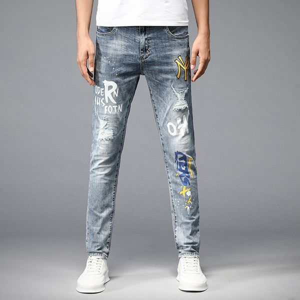 jeans pierced embroidery men's fashion brand printing slim elastic feet trend korean autumn long pants, Blue
jeans pierced embroidery men's fashion brand printing slim elastic feet trend korean autumn long pants, Blue