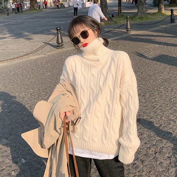 women's turtleneck sweater autumn and winter loose outer wear 2021 japanese style thickened base sweaters, White;black
women's turtleneck sweater autumn and winter loose outer wear 2021 japanese style thickened base sweaters, White;black