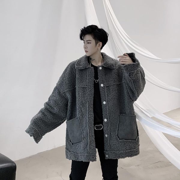 men's wool & blends m-xlwinter clothing personality tide style leather pocket design loose lamb fur coat youth boy hip hop coat., Black
men's wool & blends m-xlwinter clothing personality tide style leather pocket design loose lamb fur coat youth boy hip hop coat., Black