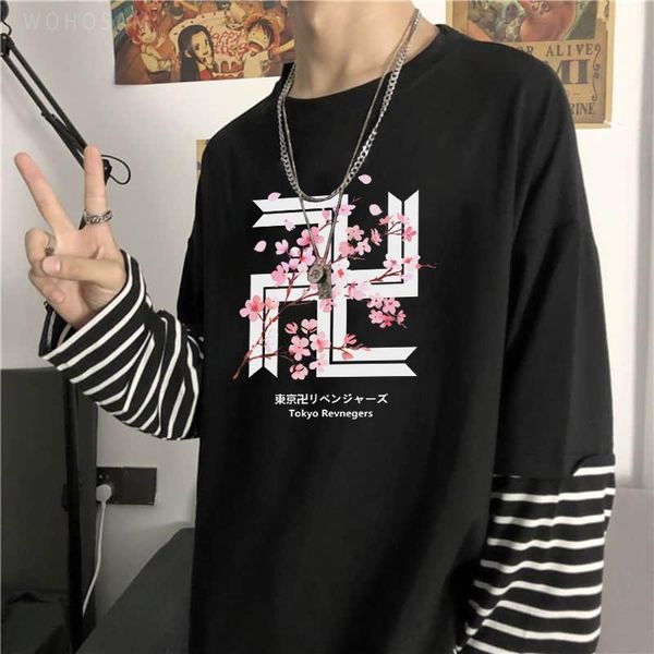 men's t-shirts funny anime tokyo revengers manji gang logo sakura long sleeve t shirts fashion casual loose fake two pieces men shirt, White;black 
men's t-shirts funny anime tokyo revengers manji gang logo sakura long sleeve t shirts fashion casual loose fake two pieces men shirt, White;black