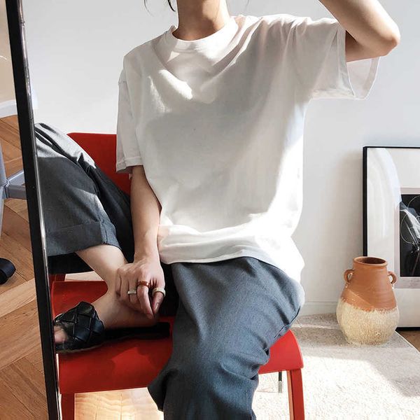 women's summer ground o-neck short sleeve white black t-shirt loose solid color base shirt 208 210607
women's summer ground o-neck short sleeve white black t-shirt loose solid color base shirt 208 210607