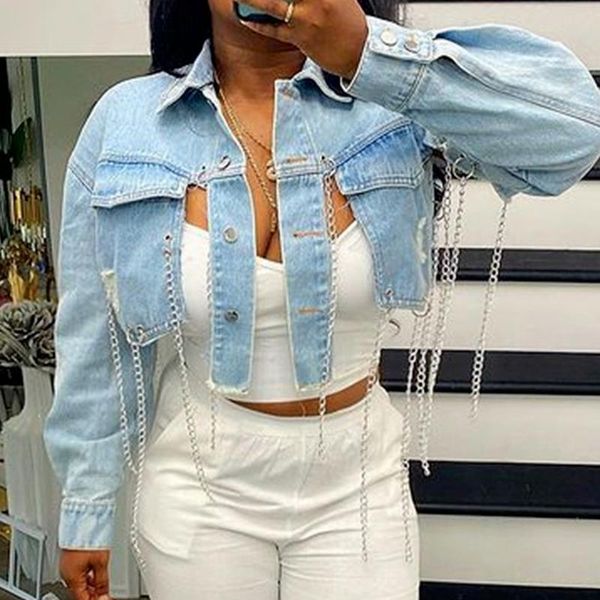 women's jackets light blue ripped denim jacket women's asymmetric short long sleeve halter chain summer 2021 streetwear, Black;brown
women's jackets light blue ripped denim jacket women's asymmetric short long sleeve halter chain summer 2021 streetwear, Black;brown
