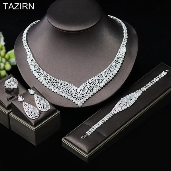 earrings & necklace romantic cubic zirconia jewelry set 2021 est big bracelet ring wedding dress ornaments gifts for women, Silver