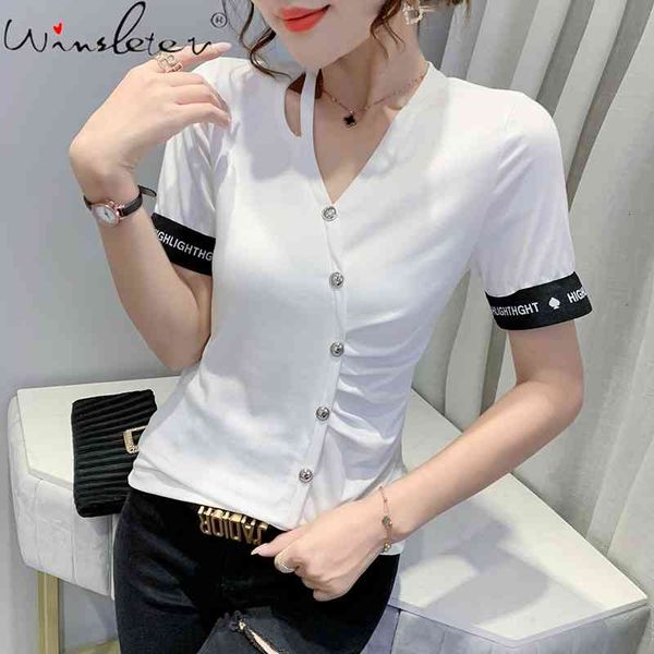 women's t-shirt summer european clothes cotton stretchy fashion hollow out button women short sleeve letter tees t14803a, White
women's t-shirt summer european clothes cotton stretchy fashion hollow out button women short sleeve letter tees t14803a, White