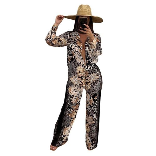 women's two piece pants autumn products fashion temperament casual slim shirt retro printing suit suitable for nightclub party wear, White 
women's two piece pants autumn products fashion temperament casual slim shirt retro printing suit suitable for nightclub party wear, White