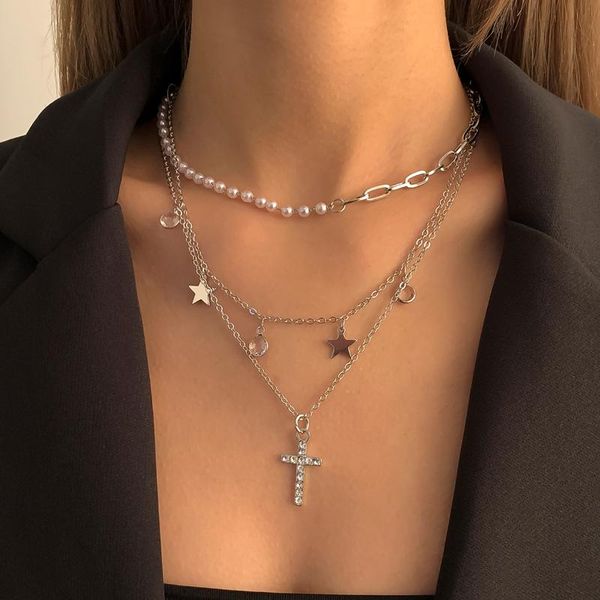 chains multilayer pentagram star tassel rhinestone crystal cross pendant necklace imitation pearl choker necklaces jewelry party gift, Silver
chains multilayer pentagram star tassel rhinestone crystal cross pendant necklace imitation pearl choker necklaces jewelry party gift, Silver