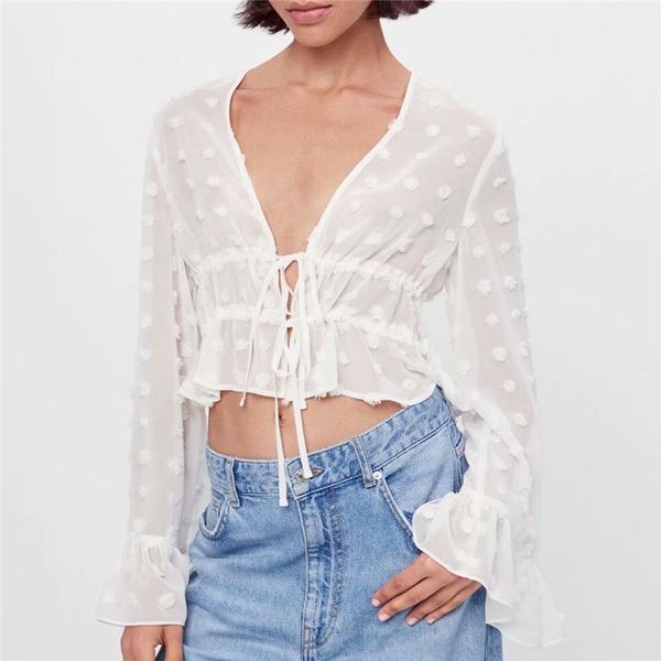 women's blouses & shirts ladies v-neck ruffles sweet female chic gauze short blouse elegant women embroidery polka dot, White
women's blouses & shirts ladies v-neck ruffles sweet female chic gauze short blouse elegant women embroidery polka dot, White
