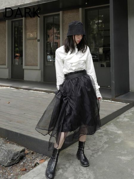 autumn products dark black asymmetric niche organza puff dress female skirts