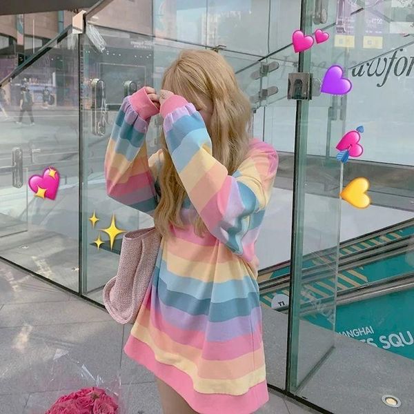 long-sleeved hoodless women's t shirt female students autumn winter rainbow stripes korean version loose harajuku pink sweet girly, White
long-sleeved hoodless women's t shirt female students autumn winter rainbow stripes korean version loose harajuku pink sweet girly, White