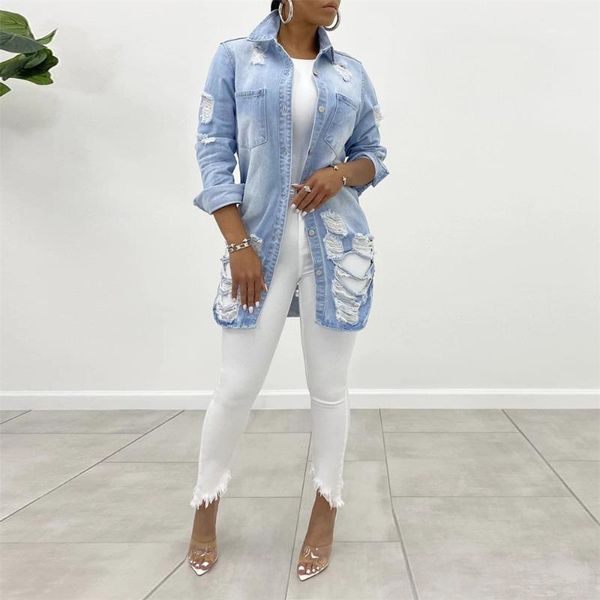 women fashion casual blouses long sleeve denim tunic spring autumn hole solid ripped lapel single breasted shirts black blue women's, White
women fashion casual blouses long sleeve denim tunic spring autumn hole solid ripped lapel single breasted shirts black blue women's, White