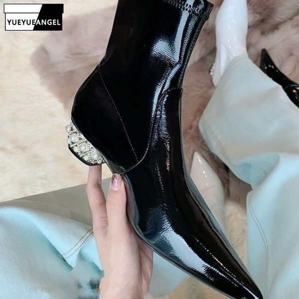 boots fashion women pointed toe patent leather ankle runway ladies pearls crystal block heels stretchy slip on shoes, Black
boots fashion women pointed toe patent leather ankle runway ladies pearls crystal block heels stretchy slip on shoes, Black