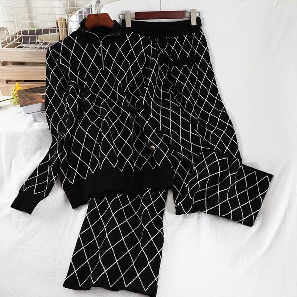 women's two piece pants autumn winter knit pant set women rhombus grid knitted zipper black sweater trousers sets + wide leg suit, White
women's two piece pants autumn winter knit pant set women rhombus grid knitted zipper black sweater trousers sets + wide leg suit, White