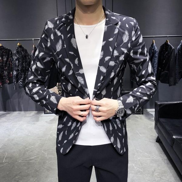 men's suits & blazers spring/autumn suit men jacket black white feather printing casual blazer single button fashion young daily top, White;black
men's suits & blazers spring/autumn suit men jacket black white feather printing casual blazer single button fashion young daily top, White;black
