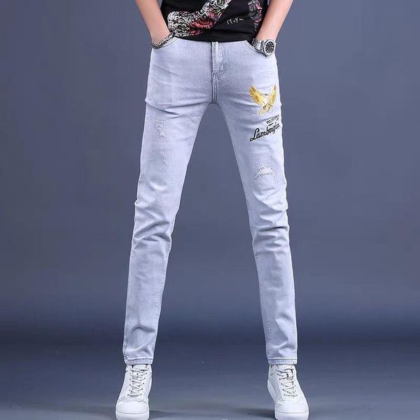 men's jeans korea version mens scratches light blue jeans, slim stretch jeans,light luxury embroidery street jeans;
men's jeans korea version mens scratches light blue jeans, slim stretch jeans,light luxury embroidery street jeans;