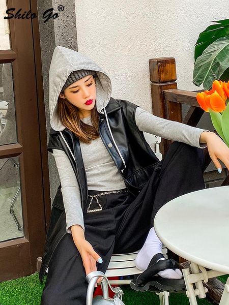 women's leather & faux casual hooded collar drawstring detail vests women autumn buttons front sheepskin genuine coat sleevelss outwear, Black
women's leather & faux casual hooded collar drawstring detail vests women autumn buttons front sheepskin genuine coat sleevelss outwear, Black